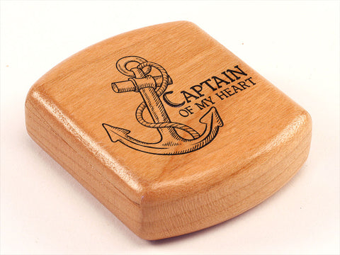 Top View of a 2" Flat Wide Cherry with laser engraved image of Captain Heart