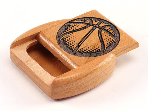 Top View of a 2" Flat Wide Cherry with laser engraved image of Basketball