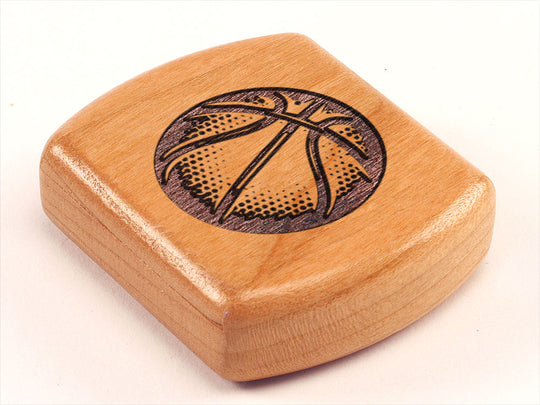 Opened View of a 2" Flat Wide Cherry with laser engraved image of Basketball