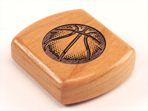 Top View of a 2" Flat Wide Cherry with laser engraved image of Basketball