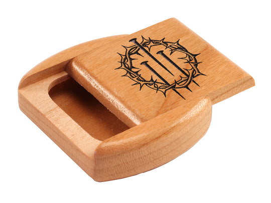 Top View of a 2" Flat Wide Cherry with laser engraved image of Crucifixion: 3 nails and thorns