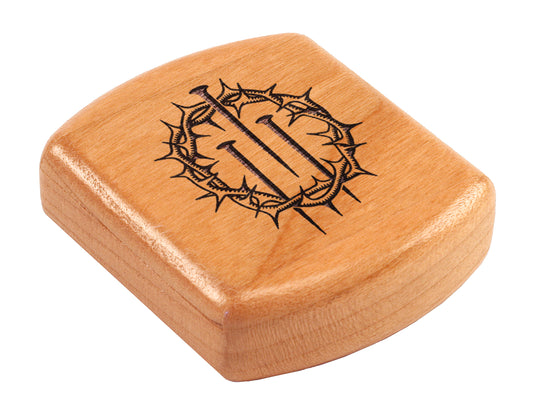 Opened View of a 2" Flat Wide Cherry with laser engraved image of Crucifixion: 3 nails and thorns