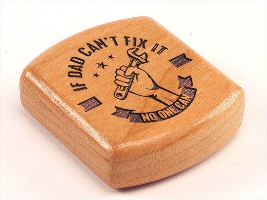 Opened View of a 2" Flat Wide Cherry with laser engraved image of Dad Fix It