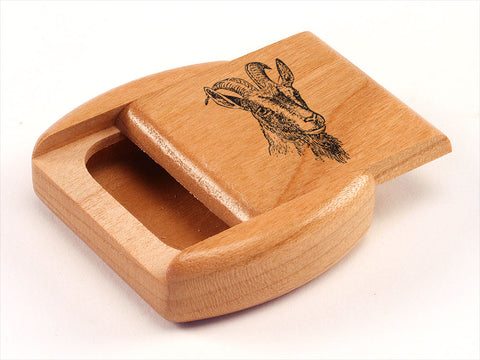 Top View of a 2" Flat Wide Cherry with laser engraved image of Billy Goat