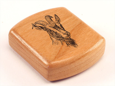 Top View of a 2" Flat Wide Cherry with laser engraved image of Billy Goat