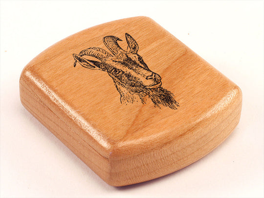 Opened View of a 2" Flat Wide Cherry with laser engraved image of Billy Goat