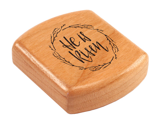 Opened View of a 2" Flat Wide Cherry with laser engraved image of He is Risen