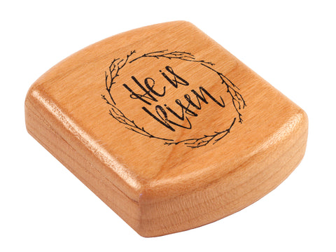 Top View of a 2" Flat Wide Cherry with laser engraved image of He is Risen