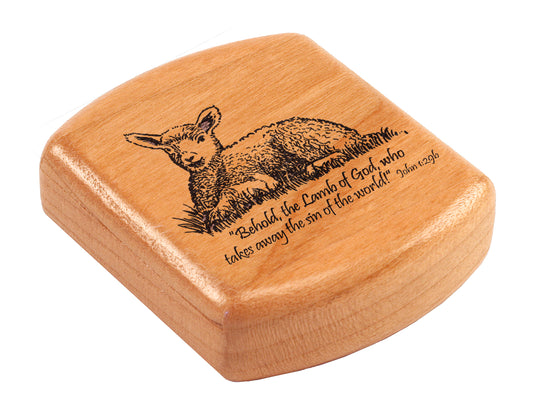 Opened View of a 2" Flat Wide Cherry with laser engraved image of Lamb of God John 1:29
