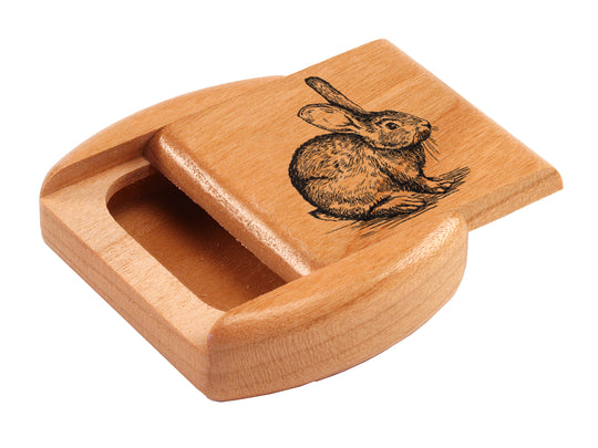 Top View of a 2" Flat Wide Cherry with laser engraved image of Rabbit