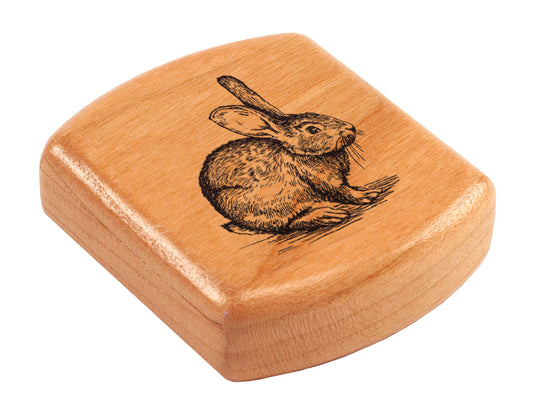 Opened View of a 2" Flat Wide Cherry with laser engraved image of Rabbit