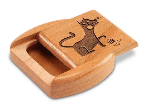 Top View of a 2" Flat Wide Cherry with laser engraved image of Cat & Yarn