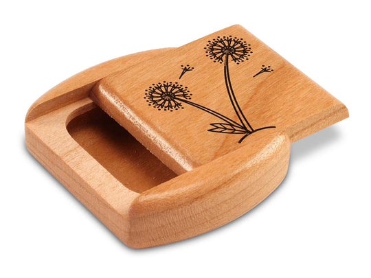 Opened View of a 2" Flat Wide Cherry with laser engraved image of Dandelions