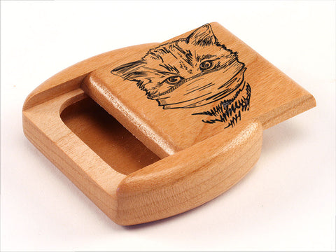 Top View of a 2" Flat Wide Cherry with laser engraved image of Cat with Mask