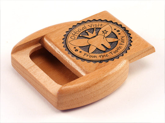 Opened View of a 2" Flat Wide Cherry with laser engraved image of Official Visit/ Toothfairy