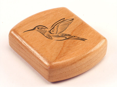 Top View of a 2" Flat Wide Cherry with laser engraved image of Hummingbird in Flight