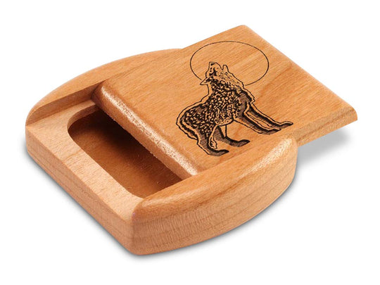 Opened View of a 2" Flat Wide Cherry with laser engraved image of Howling Wolf