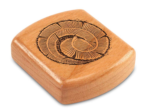 Top View of a 2" Flat Wide Cherry with laser engraved image of Curling Leaf