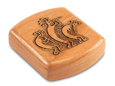 Top View of a 2" Flat Wide Cherry with laser engraved image of Kokopelli Trio