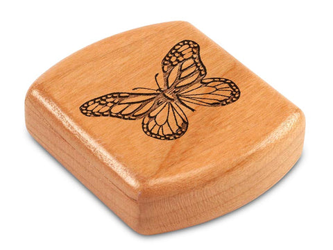 Top View of a 2" Flat Wide Cherry with laser engraved image of Butterfly