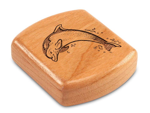 Top View of a 2" Flat Wide Cherry with laser engraved image of Dolphin