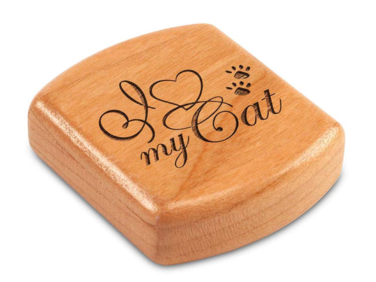 Top View of a 2" Flat Wide Cherry with laser engraved image of I Heart My Cat