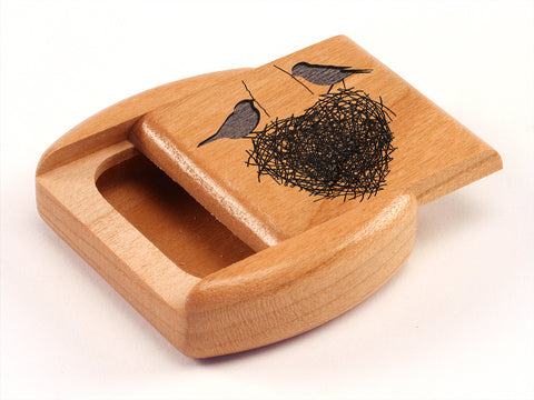 Top View of a 2" Flat Wide Cherry with laser engraved image of Love Nest