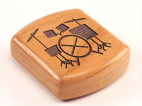 Top View of a 2" Flat Wide Cherry with laser engraved image of Drum Set