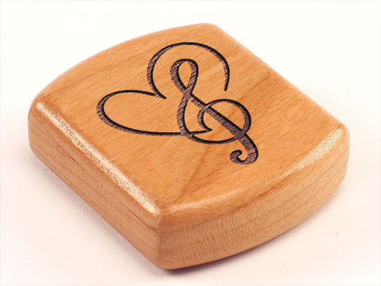 Top View of a 2" Flat Wide Cherry with laser engraved image of Treble Clef Heart