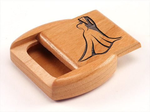 Top View of a 2" Flat Wide Cherry with laser engraved image of Wedding Dress and Tuxedo