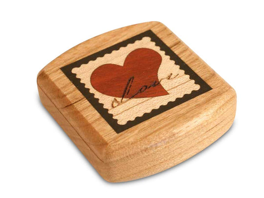 Top View of a 2" Flat Wide Cherry with marquetry pattern of Love Stamp Marquetry Dark of a 2" Flat Wide Cherry - Love Stamp Marquetry Dark