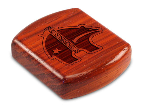 Top View of a 2" Flat Wide Padauk with laser engraved image of Heartline Bear, Fancy