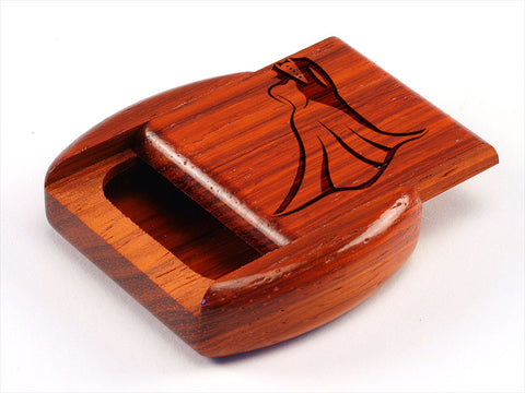 Top View of a 2" Flat Wide Padauk with laser engraved image of Wedding Dress and Tuxedo