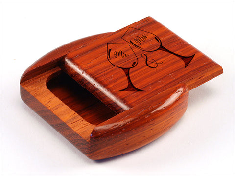 Top View of a 2" Flat Wide Padauk with laser engraved image of Mr. and Mrs. Wine Glasses