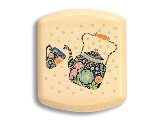 Top View of a 2" Flat Wide Aspen with color printed image of Tea Kette and Cup