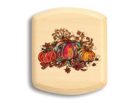 Top View of a 2" Flat Wide Aspen with color printed image of Colorful Pumpkins