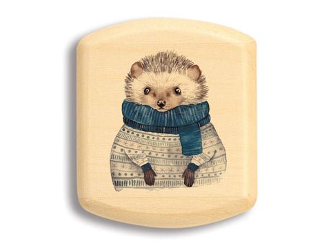 Top View of a 2" Flat Wide Aspen with color printed image of Hedgehog Sweater