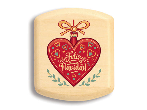 Top View of a 2" Flat Wide Aspen with color printed image of Feliz Navidad Heart