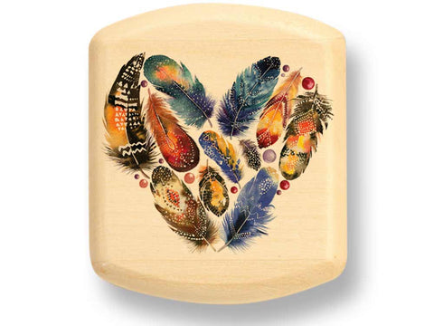 Top View of a 2" Flat Wide Aspen with color printed image of Feathered Heart