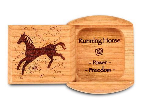 Top View of a 2" Flat Wide Cherry with laser engraved image of Running Horse Power Free