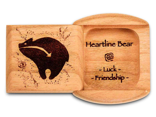 Top View of a 2" Flat Wide Cherry with laser engraved image of Heartline Bear Luck Friends