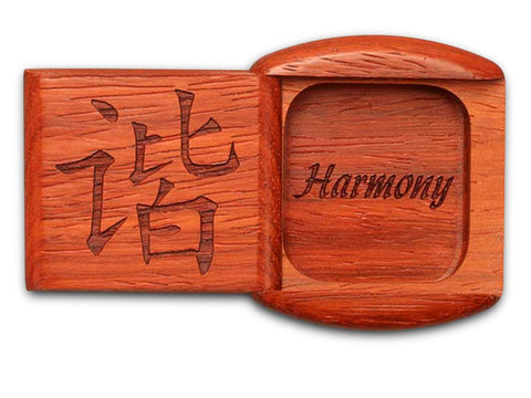 Top View of a 2" Flat Wide Padauk with laser engraved image of Harmony