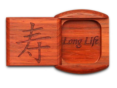 Top View of a 2" Flat Wide Padauk with laser engraved image of Long Life