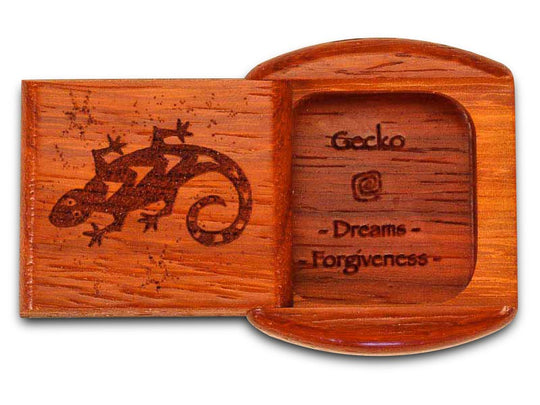 Top View of a 2" Flat Wide Padauk with laser engraved image of Gecko Dreams Forgiveness