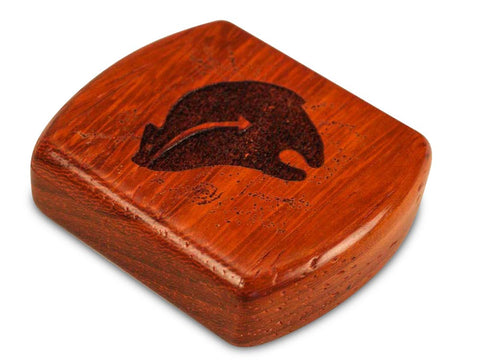 Top View of a 2" Flat Wide Padauk with laser engraved image of Heartline Bear Luck Friends