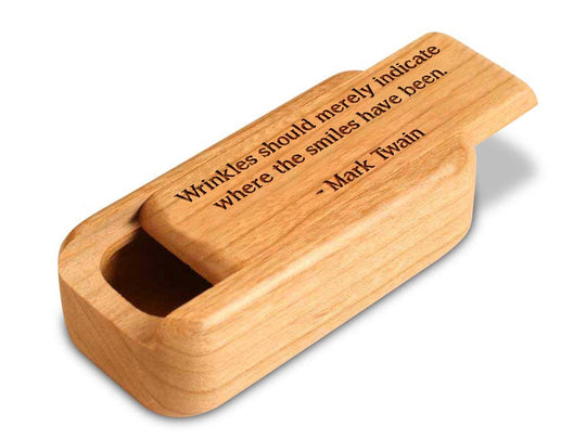 Opened View of a 3" Med Narrow Cherry with laser engraved image of Quote -Mark Twain Age