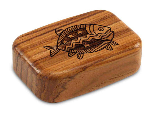 Top View of a 3" Med Wide Teak with laser engraved image of Primitive Fish