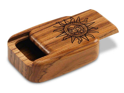 Top View of a 3" Med Wide Teak with laser engraved image of Sun