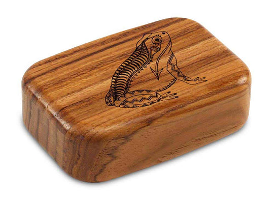 Top View of a 3" Med Wide Teak with laser engraved image of Heartline Frog