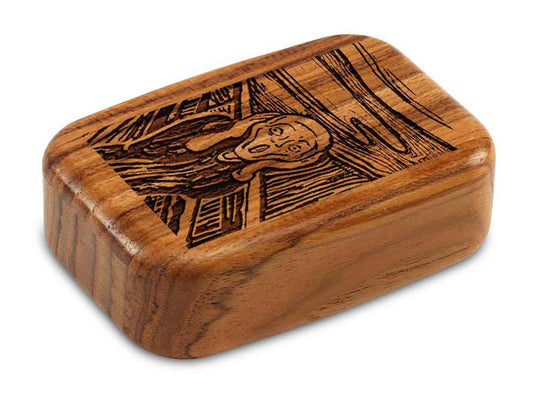 Top View of a 3" Med Wide Teak with laser engraved image of The Scream